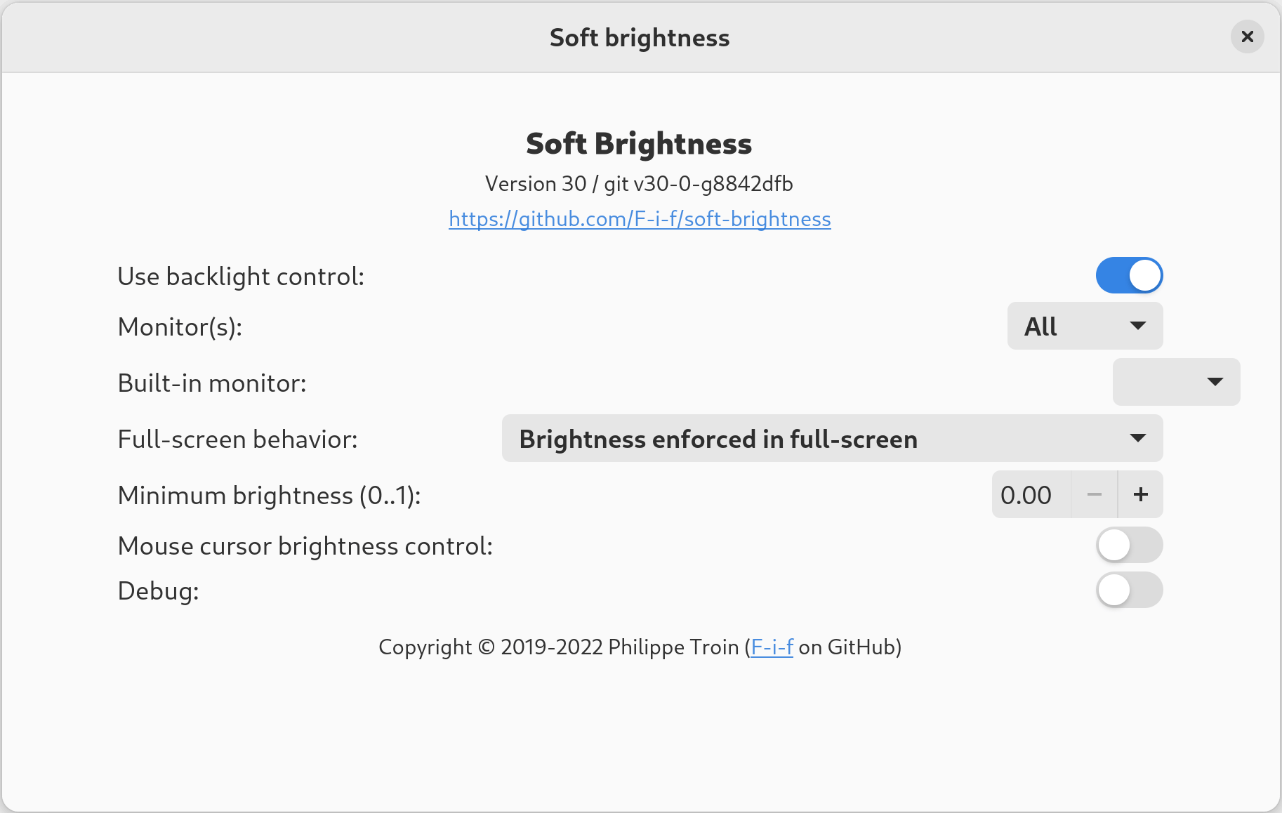 Settings dialog of GNOME Soft Brightness extension