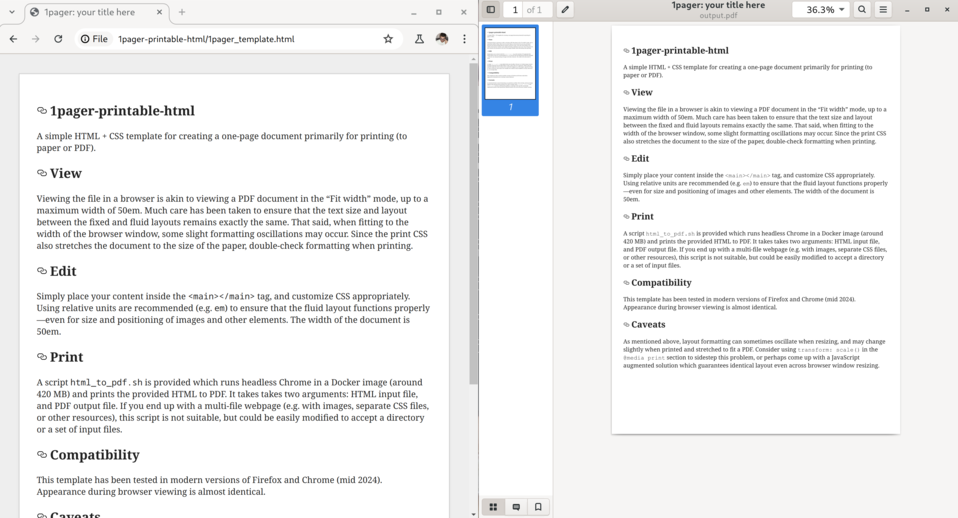 Screenshot of 1pager template in browser next to printed PDF document